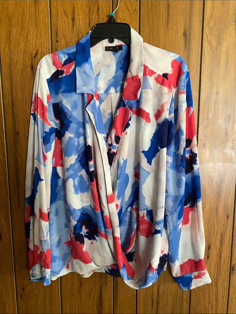Alfani Abstract Red Blue and White Draped Blouse